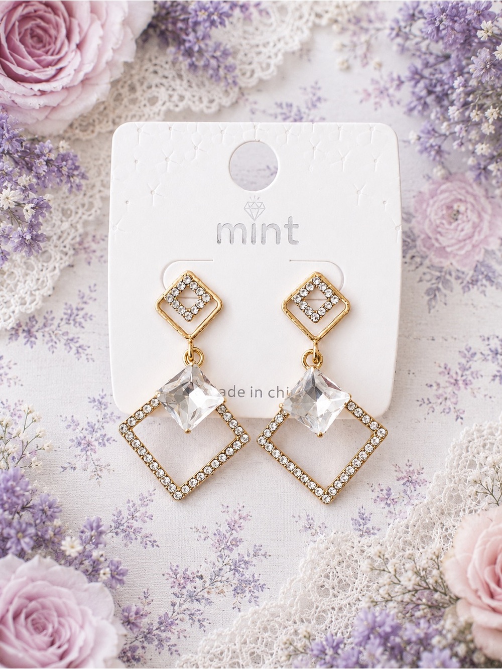Mint Gold Crystal Square Drop Earrings - Clear